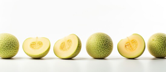 Poster - Fresh green and sliced cantaloupe melons on a white backdrop with copy space image.