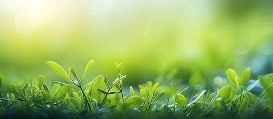 Wall Mural - A fresh, artistic spring or summer background with green grass texture, leaves blurred, creating an eco-friendly wallpaper in a macro nature setting.