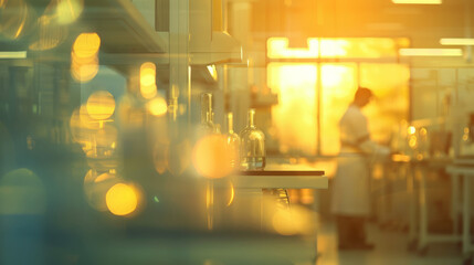 Wall Mural - blurred lab background with sunset light. out-of-focus laboratory interior at sunset, perfect for sc