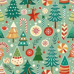 Wall Mural - Seamless pattern of retro-inspired holiday motifs like Christmas trees, snowflakes, and candy canes in festive colors, Generative AI