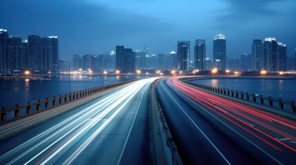 Poster - Urban Nightscape with Light Trails on Highway