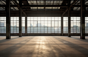 Poster - Sunlit Empty Industrial Warehouse Space