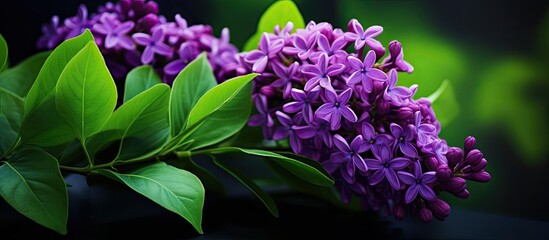 Aufkleber - A stunning floral background featuring a close-up of a purple lilac flower and vibrant green leaves set against a dark blurred backdrop with copy space image.