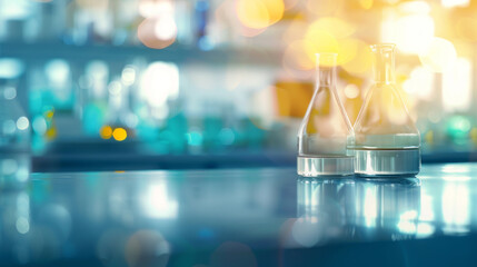 Wall Mural - chemistry lab flasks research. two clear glass flasks in focus in a blurred science laboratory setti