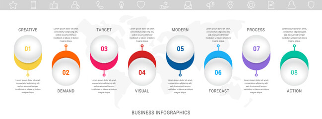 Wall Mural - Business vector process. Modern infographic with eight circles steps, options, parts. Template illustration.