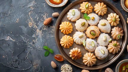 Wall Mural - Assorted semolina maamoul or mamoul cookies with dates , walnuts and pistachio nuts. Traditional arabic Eid al Adha, Generative ai