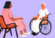 © Westend61 - Caregiver discussing with senior man sitting on wheelchair against purple background