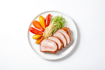 Wall Mural - Roasted pork loin with peppers and greens on white plate