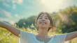 © Keitma - Portrait of a free happy asian woman with open arms enjoying life in meadows and nature background , young joyful chinese female with good mental health
