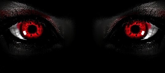 Poster - two vibrant red female devil eyes staring directly at the viewer on a black background.