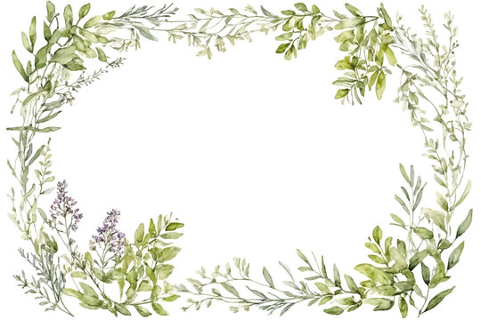 Watercolor Floral Frame with Green Leaves and Purple Flowers