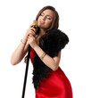 © New Africa - Beautiful young woman in stylish red dress with microphone singing on white background