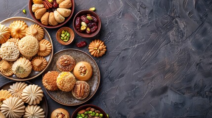 Wall Mural - Assorted semolina maamoul or mamoul cookies with dates , walnuts and pistachio nuts. Traditional arabic Eid al Adha, Generative ai
