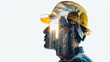 © Keitma - Portrait of a construction worker man with safety helmet letting see city buildings under construction on white background with copy space