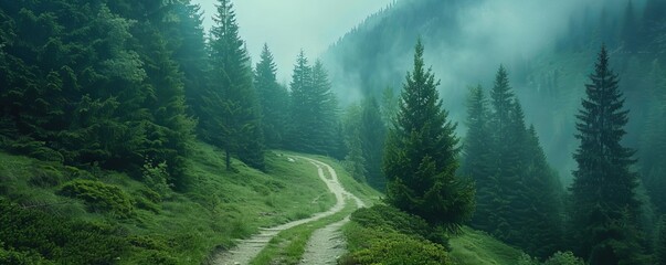 Poster - Aerial view of a walking path across the forest with trees in Grindelwald, Bernese Alps, Swiss Alps, Bern, Switzerland.