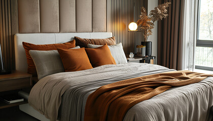 Wall Mural - Bed with brown linens in cozy bedroom. Interior design