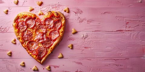 Wall Mural - Delicious Pizza in the Shape of a Heart on a Textured Pink Surface. Delicious Valentineâ€™s Day Concept with copy-space.
