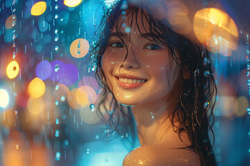 Wall Mural - A woman with wet hair is smiling in the rain