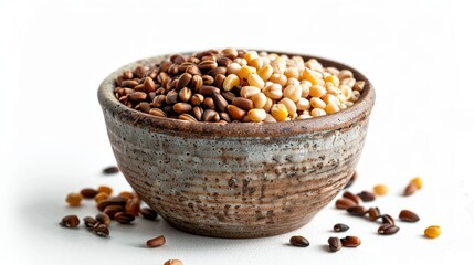 A rustic bowl filled with mixed grains, seeds, and nuts on a white background. Ideal for healthy eating and organic food concepts.