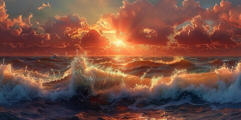 High waves at sunset over the sea