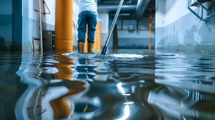 Wall Mural - Mopping up deep floodwater in a basement or electrical room after a leak. Concept Flooded Basement, Water Damage Cleanup, Leaking Pipes, Electrical Hazards, Emergency Restoration