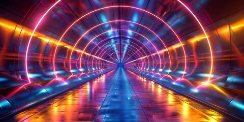 Wall Mural - Abstract Neon Lines Tunnel with Orange, Yellow and Red Stripes.