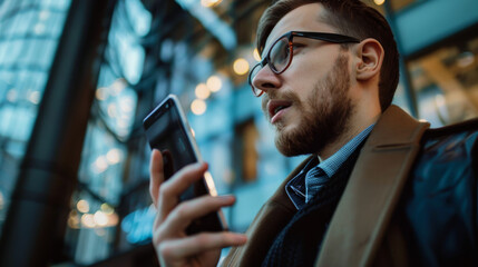 Young business man sending a vocal message with his smartphone