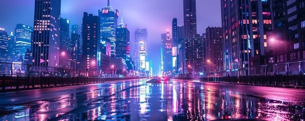 Wall Mural - Sci-fi Cityscape with Purple and Cyan Neon lights. Night scene with Visionary Architecture.