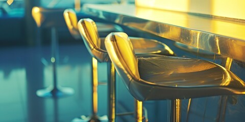 Canvas Print - Close-up on bar stools at airport lounge, detailed texture, twilight, no humans