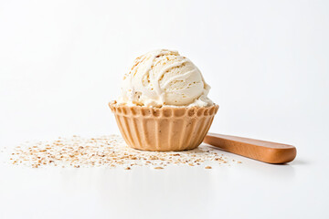 Wall Mural - Vanilla Ice Cream Scoop in a Waffle Cone with Scattered Nuts