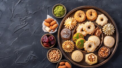 Wall Mural - Assorted semolina maamoul or mamoul cookies with dates , walnuts and pistachio nuts. Traditional arabic Eid al Adha, Generative ai