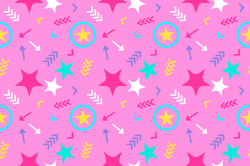 Colorful Memphis style seamless pattern featuring stars and arrows on a pink background. Perfect for textiles, backgrounds, and design.