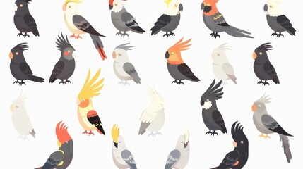 Wall Mural - Cartoon illustration isolated on white of adult grey cockatiels (Nymphicus hollandicus, corella).