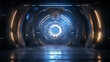 © ShkYo30 - Circular Lightblue Glowing Sci-fi large Door inside a spaceship dock of an unknown alien technology with a dark background
