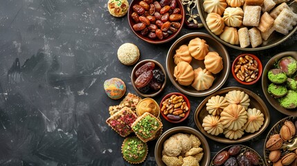 Wall Mural - Assorted semolina maamoul or mamoul cookies with dates , walnuts and pistachio nuts. Traditional arabic Eid al Adha, Generative ai