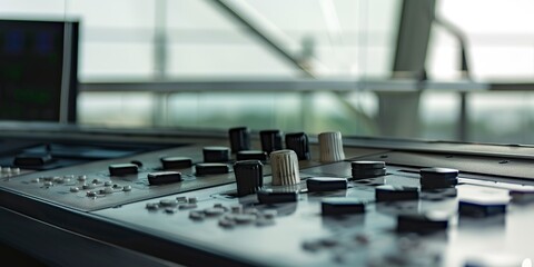 Poster - Air traffic control station buttons, high focus, overcast day, no humans