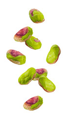 Wall Mural - Falling pistachio peeled isolated on white background, full depth of field