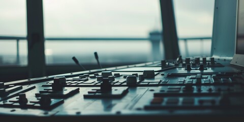 Poster - Air traffic control station buttons, high focus, overcast day, no humans 