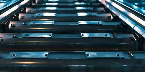Poster - Close-up of sorting dividers in baggage system, sharp detail, night light, no humans 