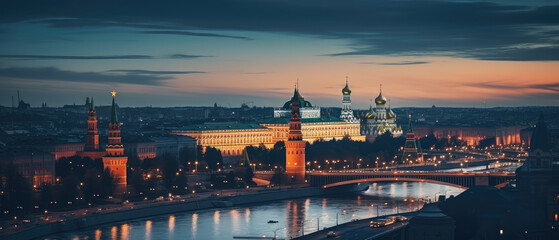 Wall Mural - Illuminated Cityscape with Historic Architecture at Dusk
