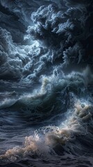 Wall Mural - A dramatic storm over the ocean with towering waves and dark generated by AI generated by AI