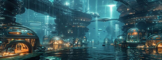 Wall Mural - Futuristic underwater city with sleek architecture and glowing lights generated by AI