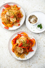 Canvas Print - Noodles with pork and vegetables