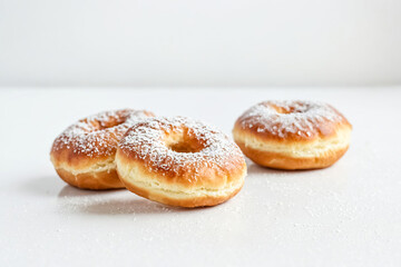 Poster - Three Powdered Donuts on White Background