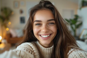 Woman smiles, takes selfie in white sweater
