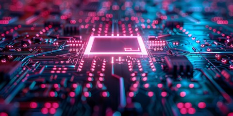 Aufkleber - Pink and Blue Image Technology Concept with picture symbol as a neon light. Vibrant colored icon, on a black background with high tech floor.