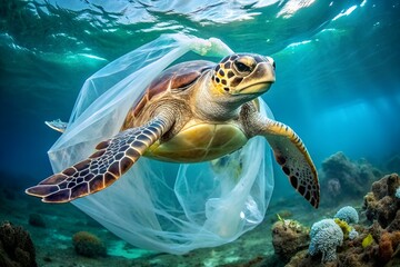 Wall Mural - A sea turtle gets entangled in a plastic bag.