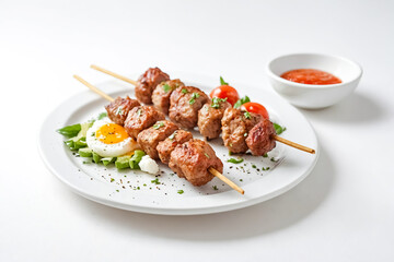 Wall Mural - Grilled Meat Skewers with Fried Egg and Cherry Tomatoes