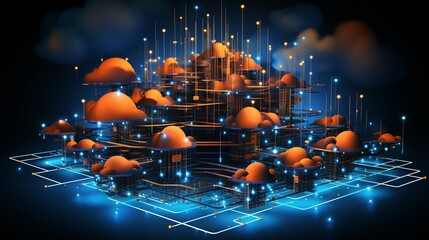 Wall Mural - A visual representation of a cloud network, with servers connected through digital lines and security icons, emphasizing the role of cloud computing and cybersecurity in today's tech landscape.