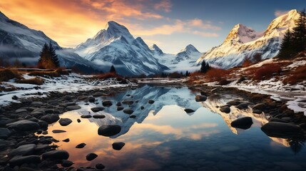 Wall Mural - A serene mountain landscape at sunrise, with the first light illuminating the snow-capped peaks and a crystal-clear lake reflecting the colorful sky. Minimal and Simple,